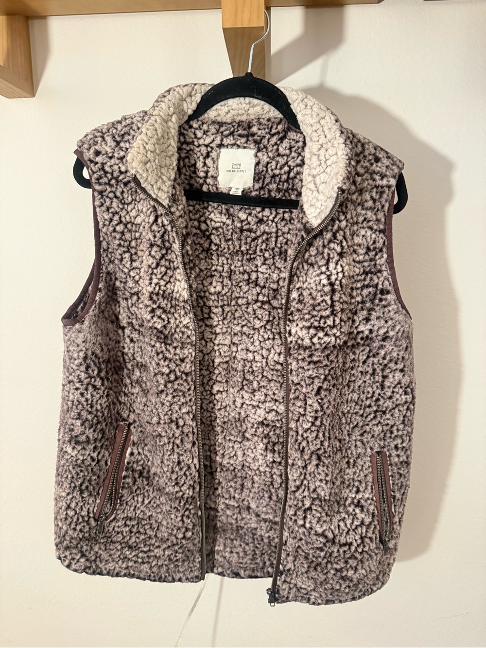 Thread & Supply Two-Tone Sherpa Zip Vest in Taupe and Cream